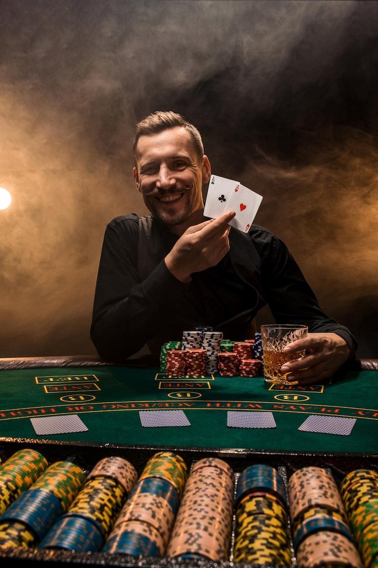 Meja roulette dengan chip dan dealer menjalankan permainan live casino